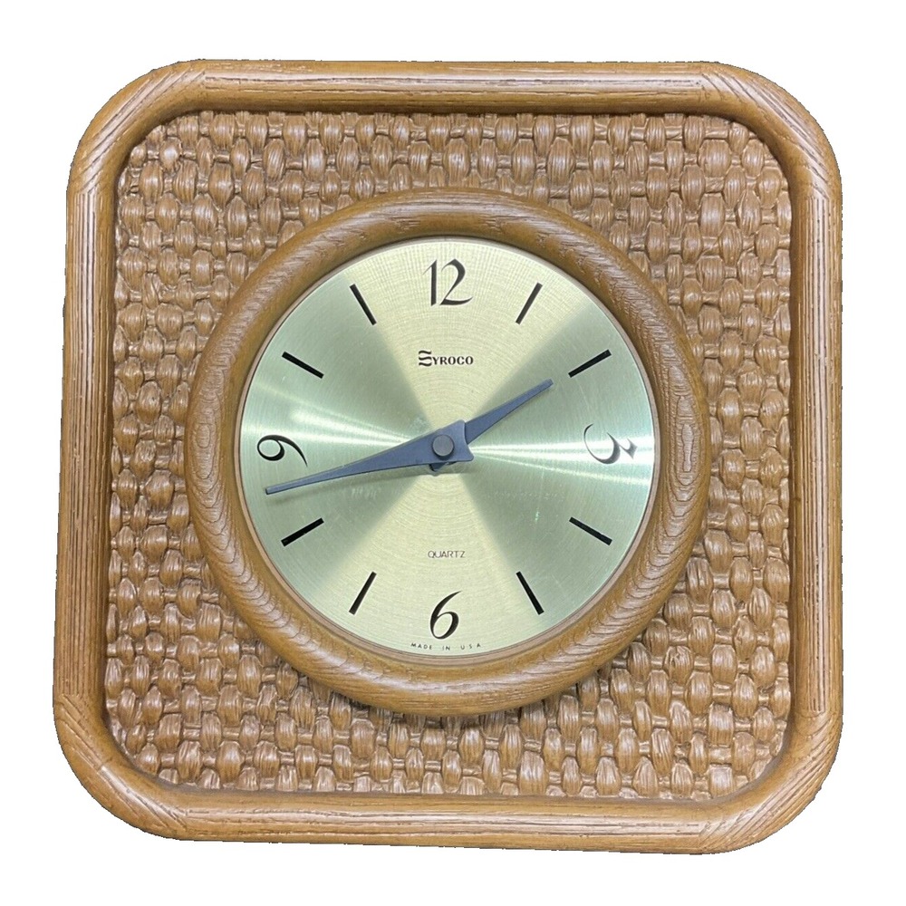 Vintage 1967 Syroco Faux Rattan Basketweave Wall Clock 1081 Mid Century MCM Boho